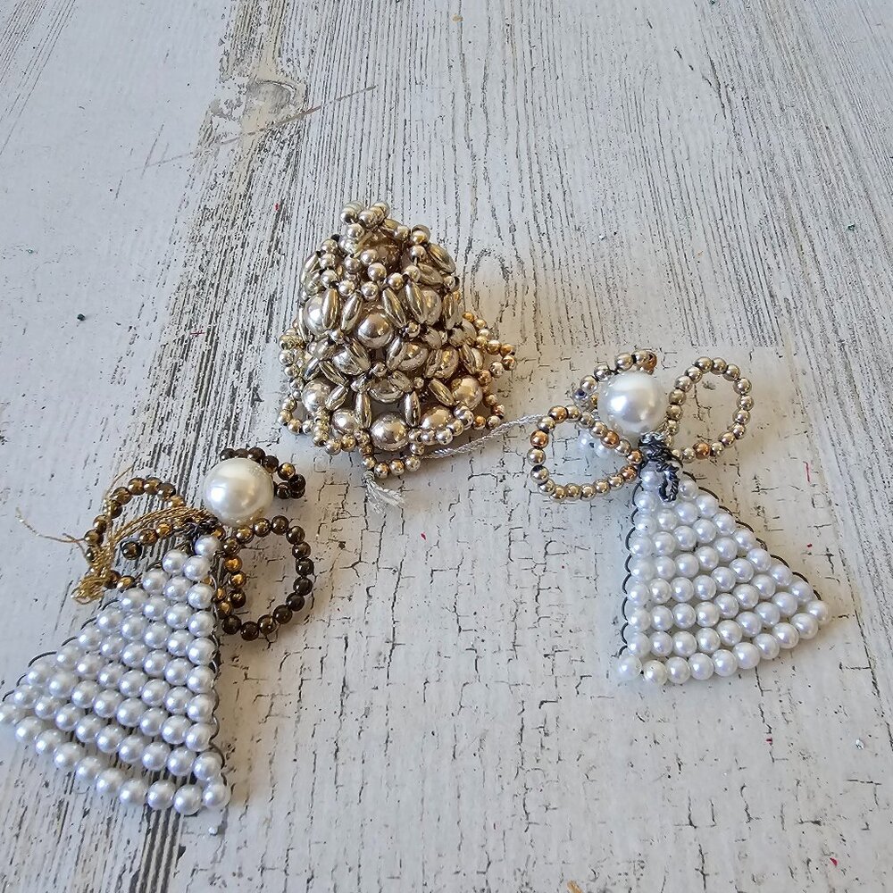 Antique beaded angel cherub bell silver‎ mini ornament set Xmas tree